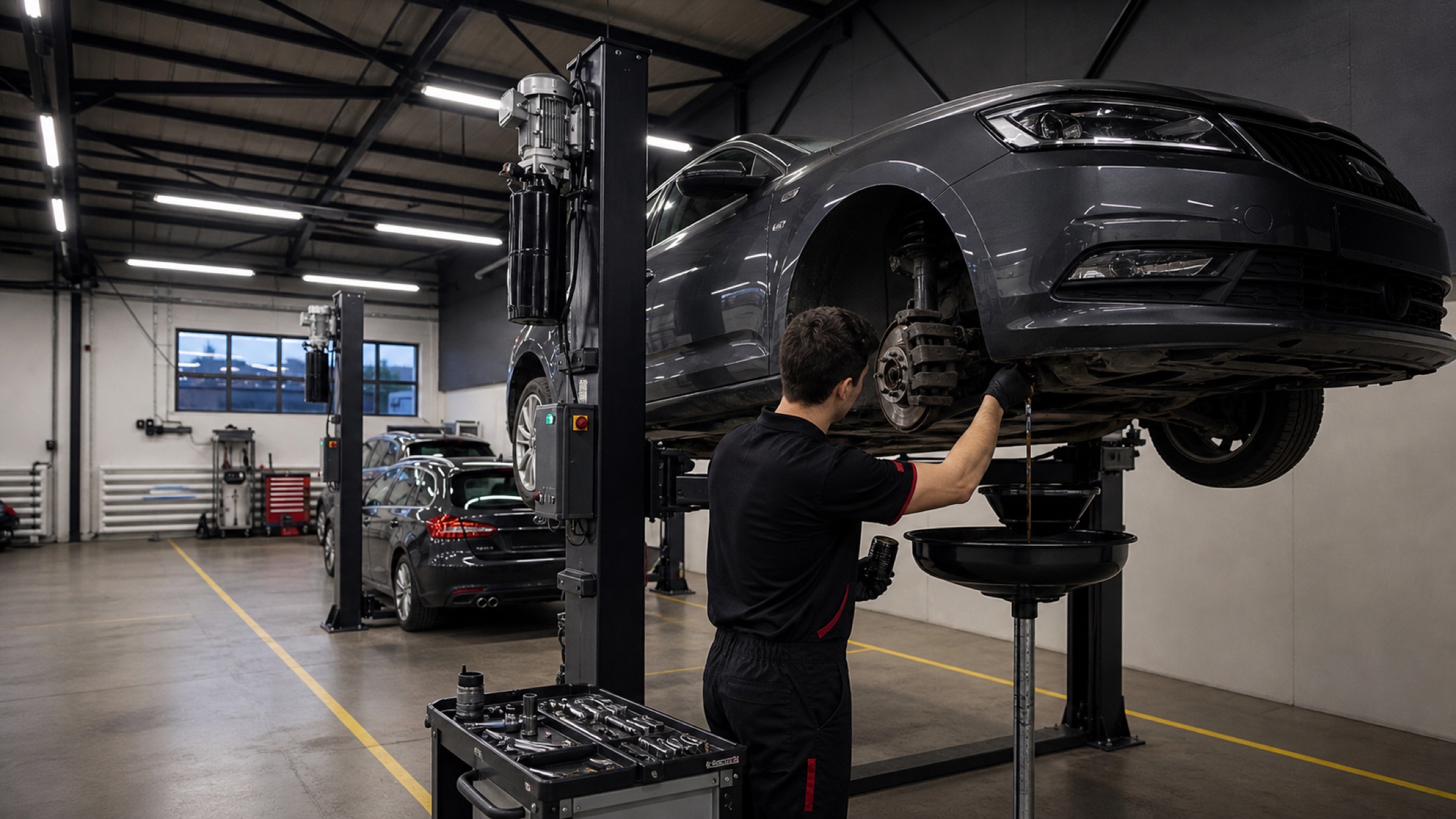 Mechanik při výměně motorového oleje v dílně MotPro